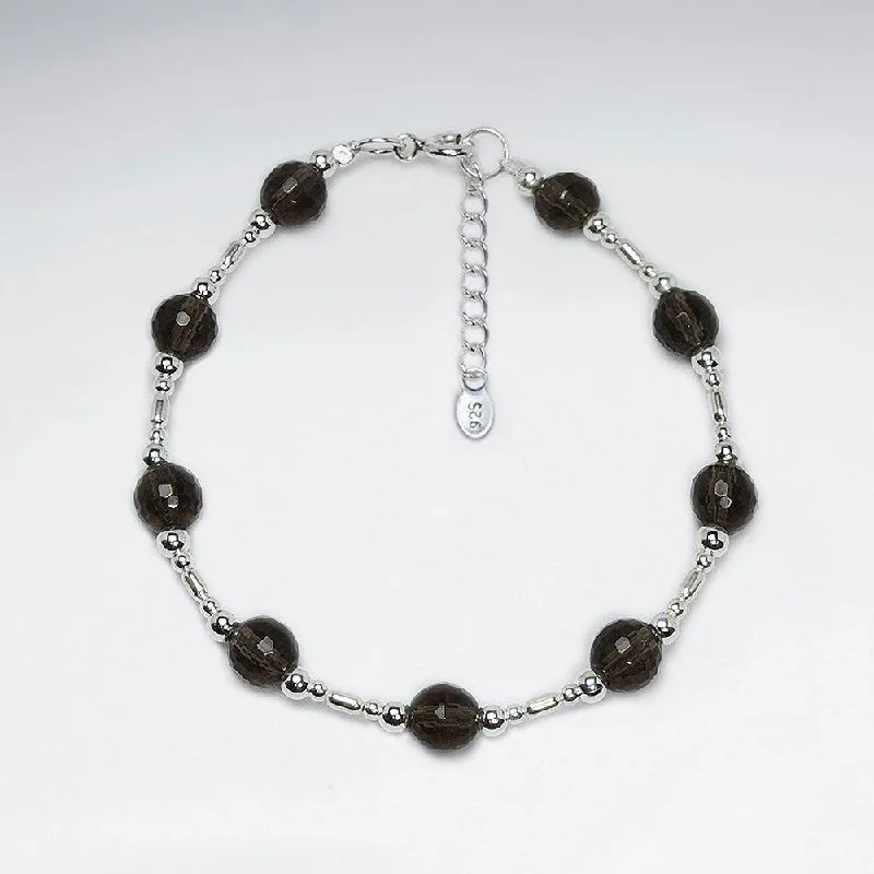 Woven cord bracelets-Round Smoky Quartz Bracelet - Sterling Silver