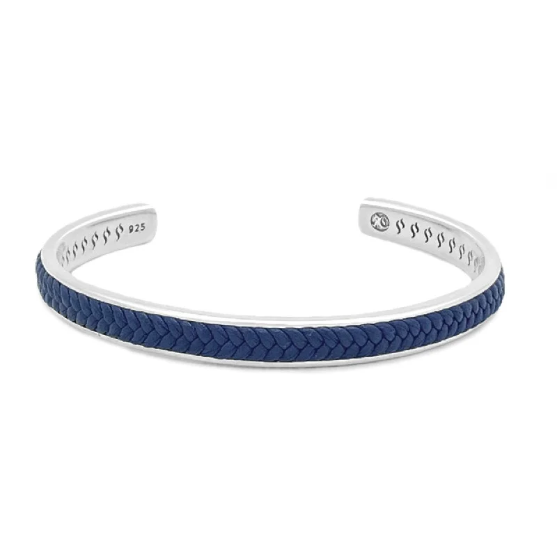 Flat design bangles-Blue Leather Silver Cuff Bracelet