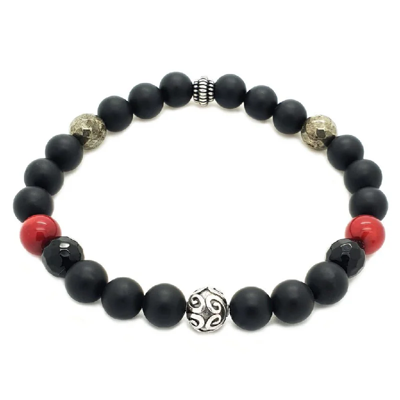 Pure link bracelets-Matte Onyx, Red Coral, Pyrite Bracelet - Sterling Silver