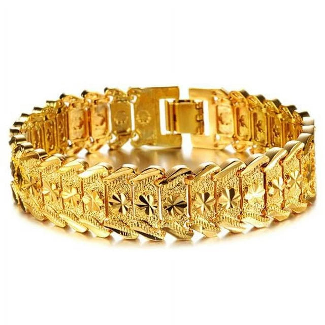 Thin filigree bangles-Designice Jewelry Men's Fashion Yellow Gold Plated Link Bracelet Carving Bangle