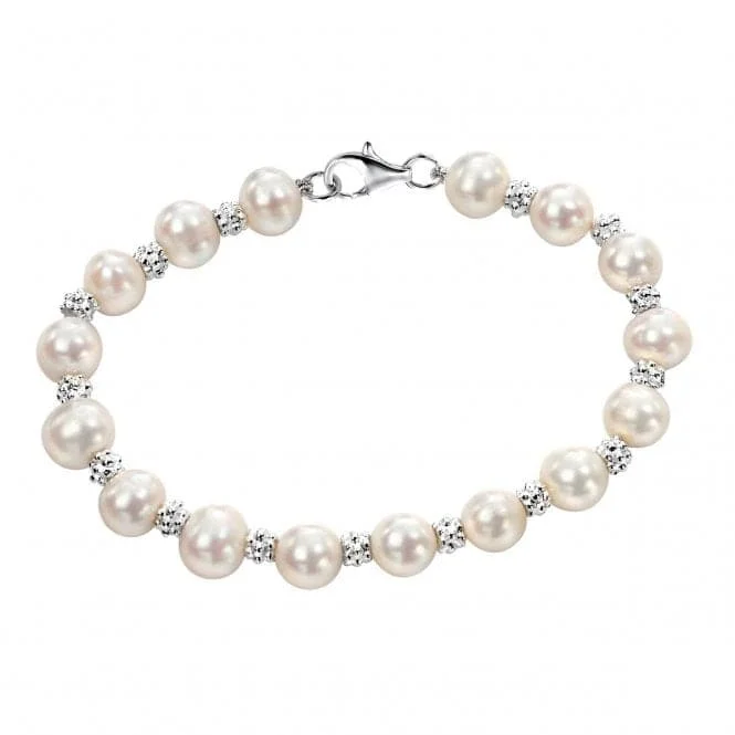 Layered metal bracelets-Beginnings Sterling Silver White Freshwater Pearl Textured 19cm Bracelet B3701W