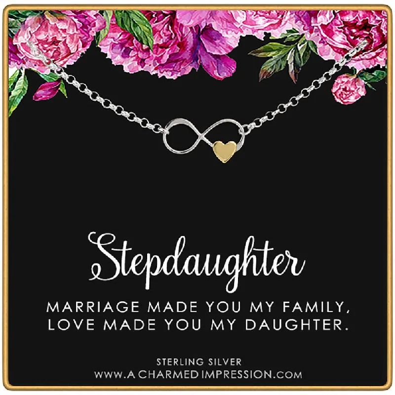 Cord edge bangles-Stepdaughter Gifts for Girls Women • Stepdaughter bracelet • Silver Bracelet • Stepdaughter Gift from Mom Dad • Stepmom Stepdad • Infinite Love • Infinity Gold Heart • Gifts for Step Daughter