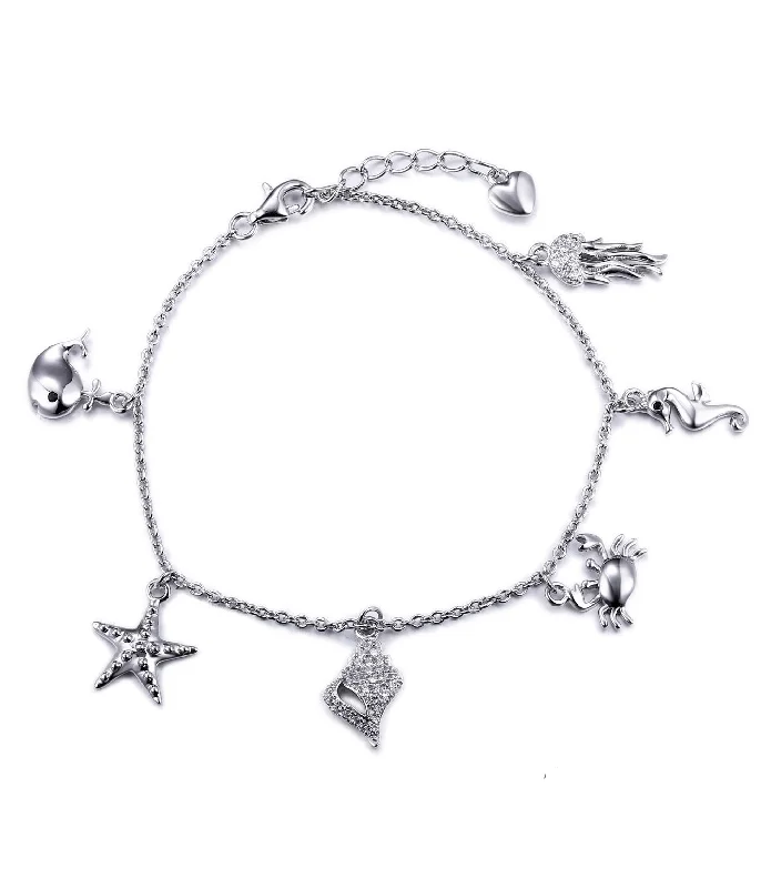 Dual metal bracelets-Alana Charm Bracelet, Starfish Seahorse Whale Seashell Charms, 925 Sterling Silver