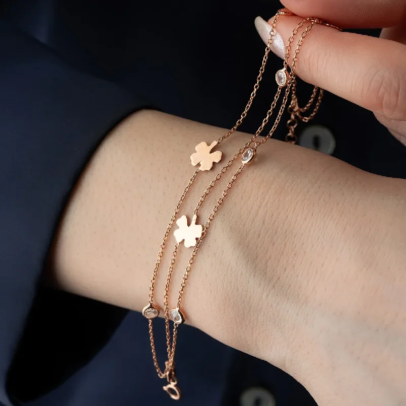 Swirl shape bangles-Rose Plated Sterling Silver Clover Layered Chain Bracelet