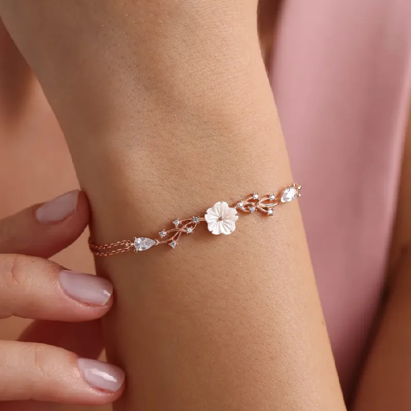 Gem stack bracelets-Petite Magnolia Flower Bracelet Rose Gold Plated Chain