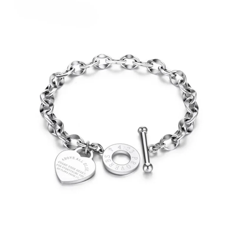 Soft stretch bracelets-Spencer Stainless Steel Love Heart Charm Bracelet Link Chain Bangle Gift for Women Girl (Silver)