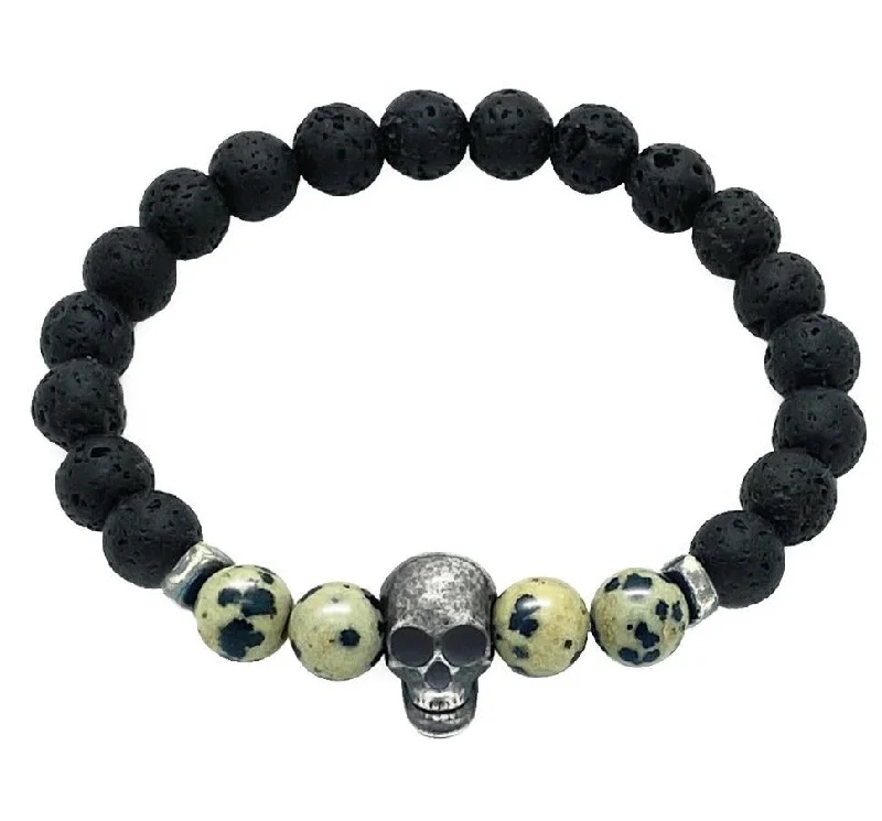 Flat link bracelets-Dalmatian & Lava Stones with Silver Skull Bracelet