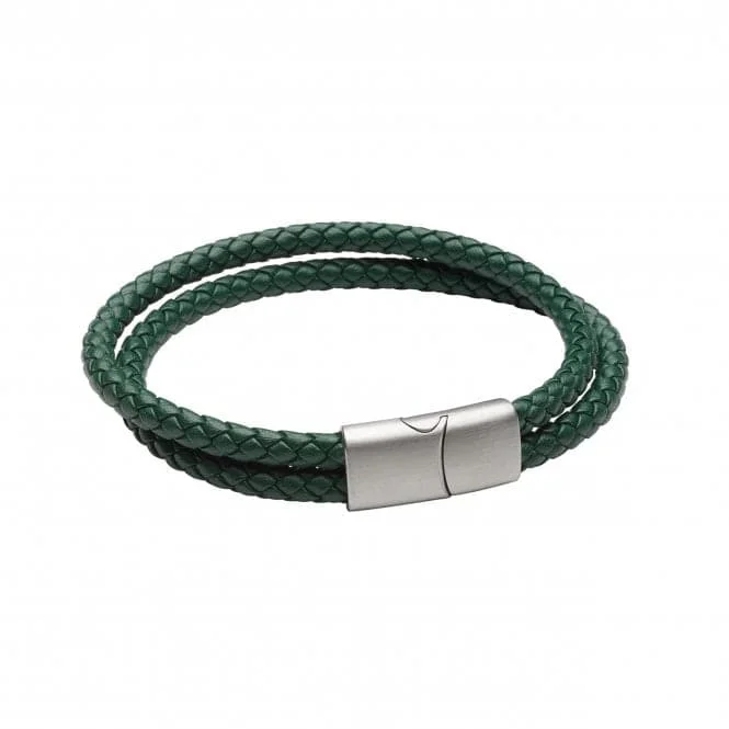 Soft stretch bracelets-Forest Green Recycled Leather Double Row Bracelet Steel Clasp Bracelet B5378