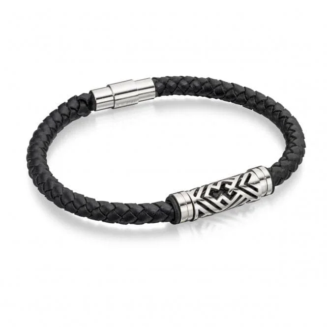 Sapphire bead bracelets-Fred Bennett Stainless Steel Black Leather Bracelet B4725