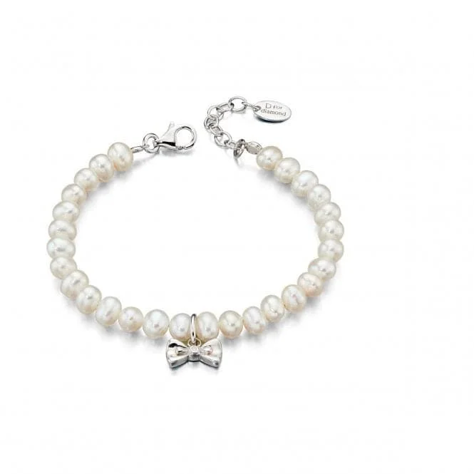 Round shape bracelets-Sterling Silver White Pearl Bow Charm Bracelet B4890