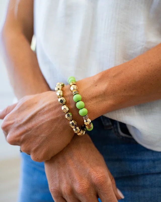 Bead charm bracelets-Wooden Green and Gold Bracelet Set