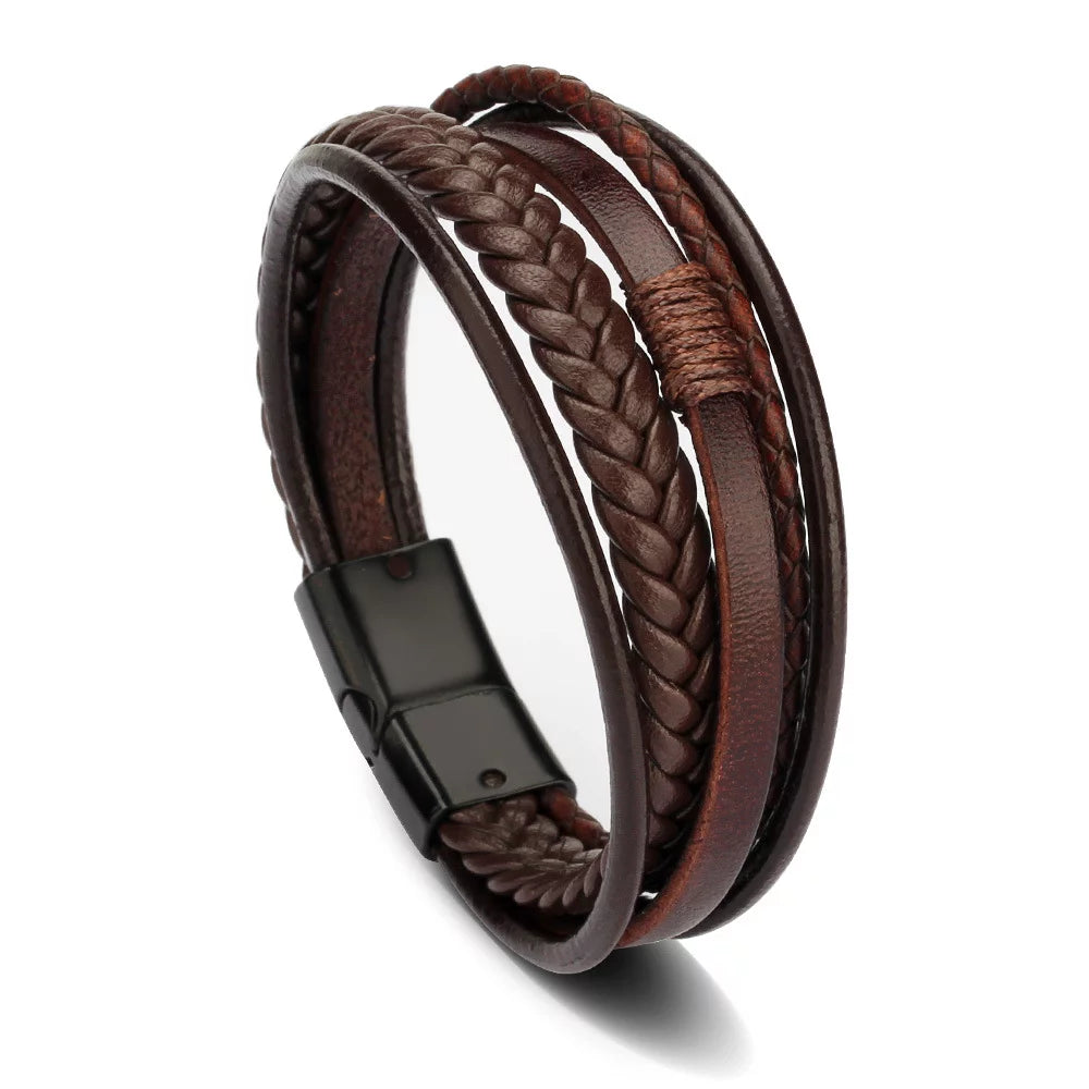 Thin filigree bangles-Designice Leather Bracelet with Magnetic Clasp Bracelet for Men - Brown