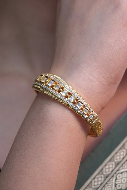 Round gem bracelets-American Diamonds CZ Designer Gold Tone Bracelet