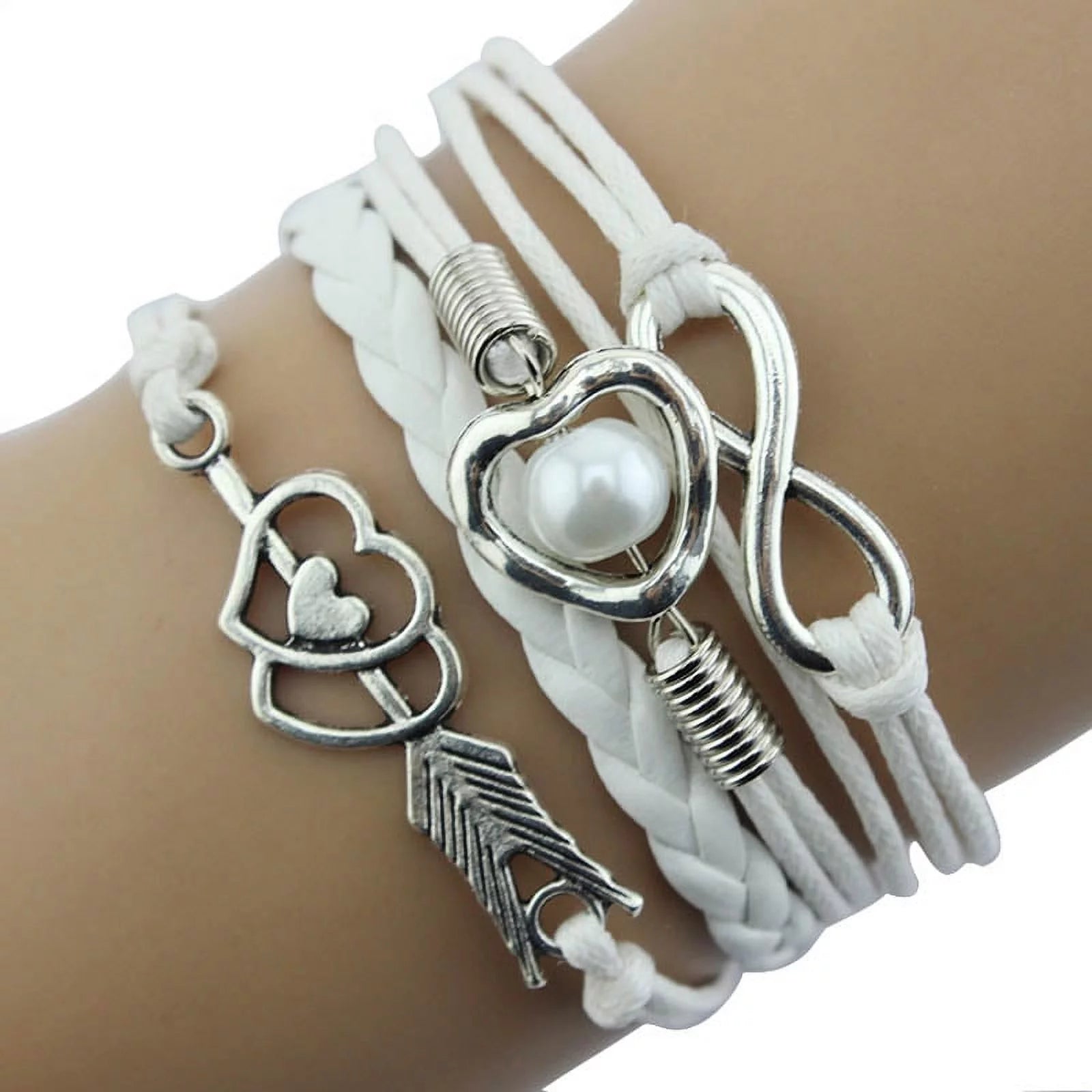 Thin filigree bangles-Ozmmyan Sterling Silver Bracelets For Women Heart Pearl Friendship Antique Leather Bracelet