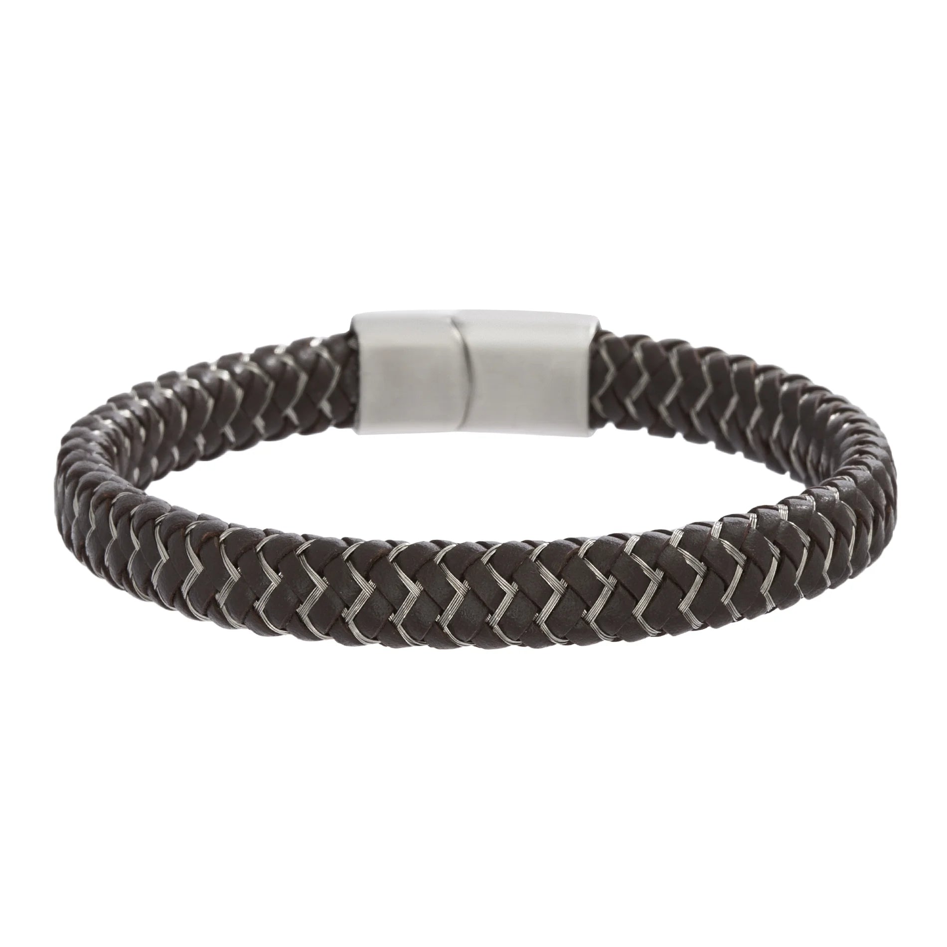 Swirl shape bracelets-Reinforcements Brown Zig Zag Braided Leather Bracelet in Stainless Steel for Men