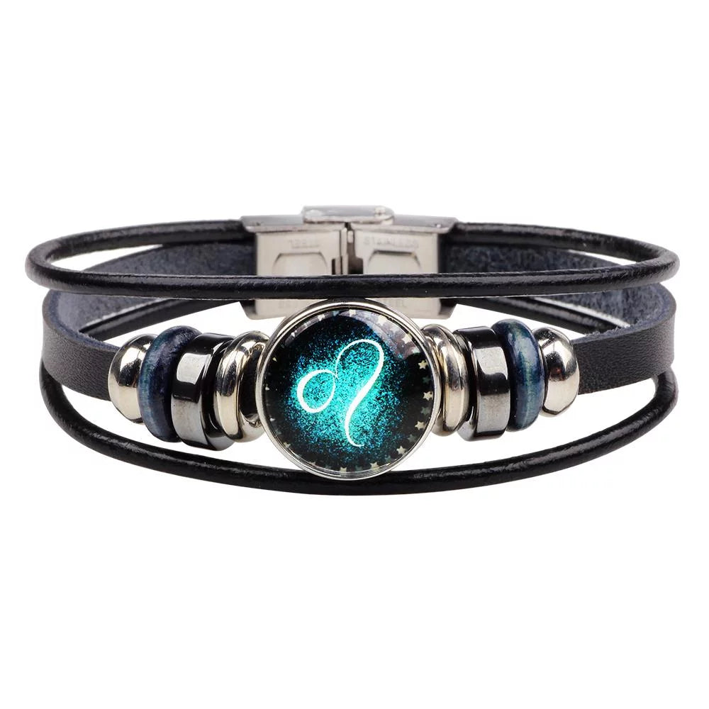 Thin frame bracelets-Leo Unisex Astrology Zodiac Sign Constellation Horoscope Leather Wristband Bracelet for Men and Women