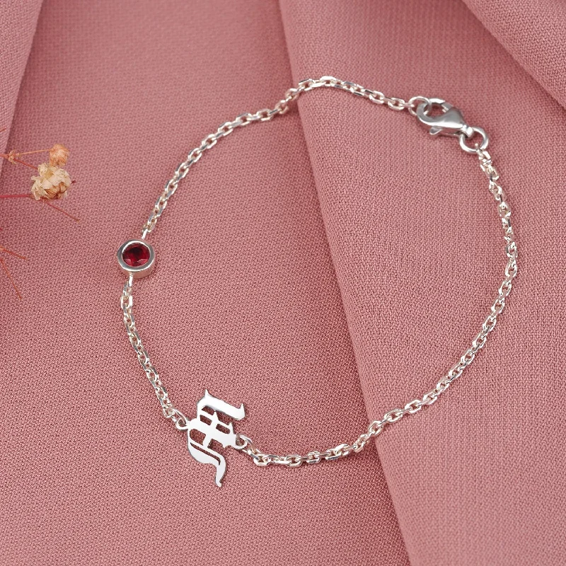 Round shape bracelets-Old English Initial on Chain Silver Birthstone Bracelet