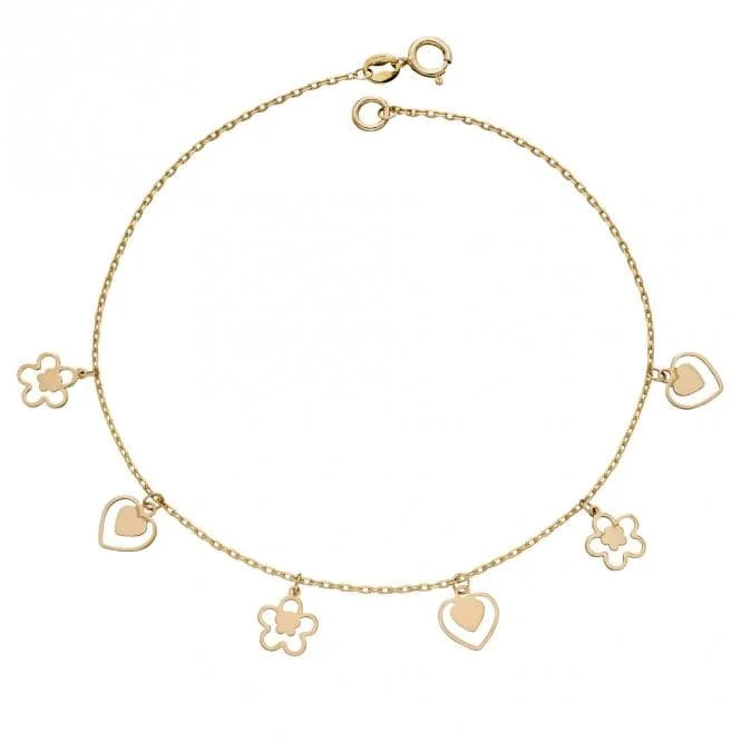 Quirky bangles-9ct Yellow Gold Heart and Flower Charm Bracelet GB508