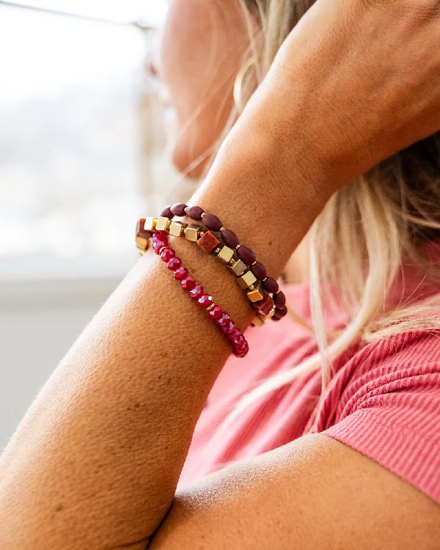 Bead link bracelets-Gold and Wine Beaded Bracelet Set