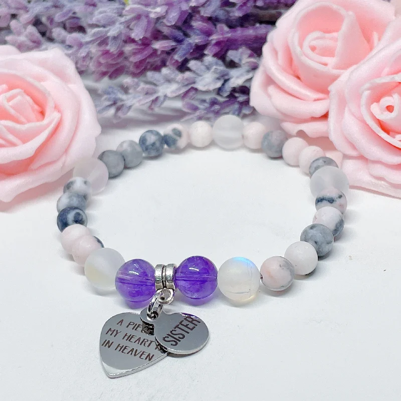 Woven cord bracelets-Sister: A Piece of my Heart is in Heaven Heart Companion Charm Bracelet Amethyst