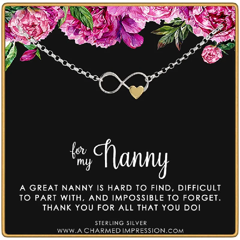 Shiny word bracelets-A Charmed Impression Nanny Gifts from Kids for Women • Gift for Nanny Bracelet • Sterling Silver Bracelet • Babysitter Gratitude and Appreciation Jewelry • Best Nanny Ever • Infinity Gold Heart Charm