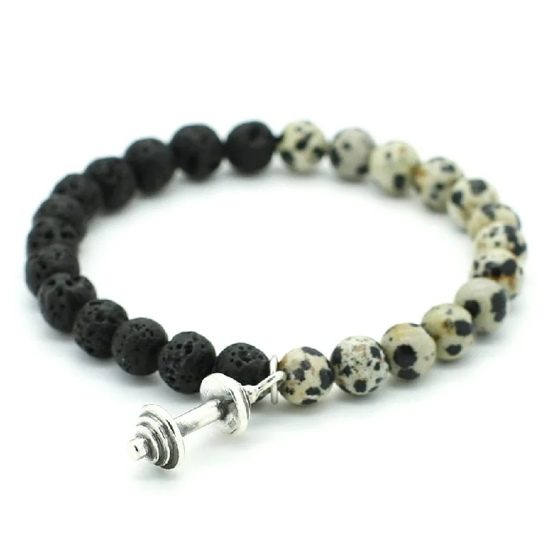 Plaited tribal bangles-Dalmatian Jasper, Lava Stones with Silver Dumbbell Bracelet