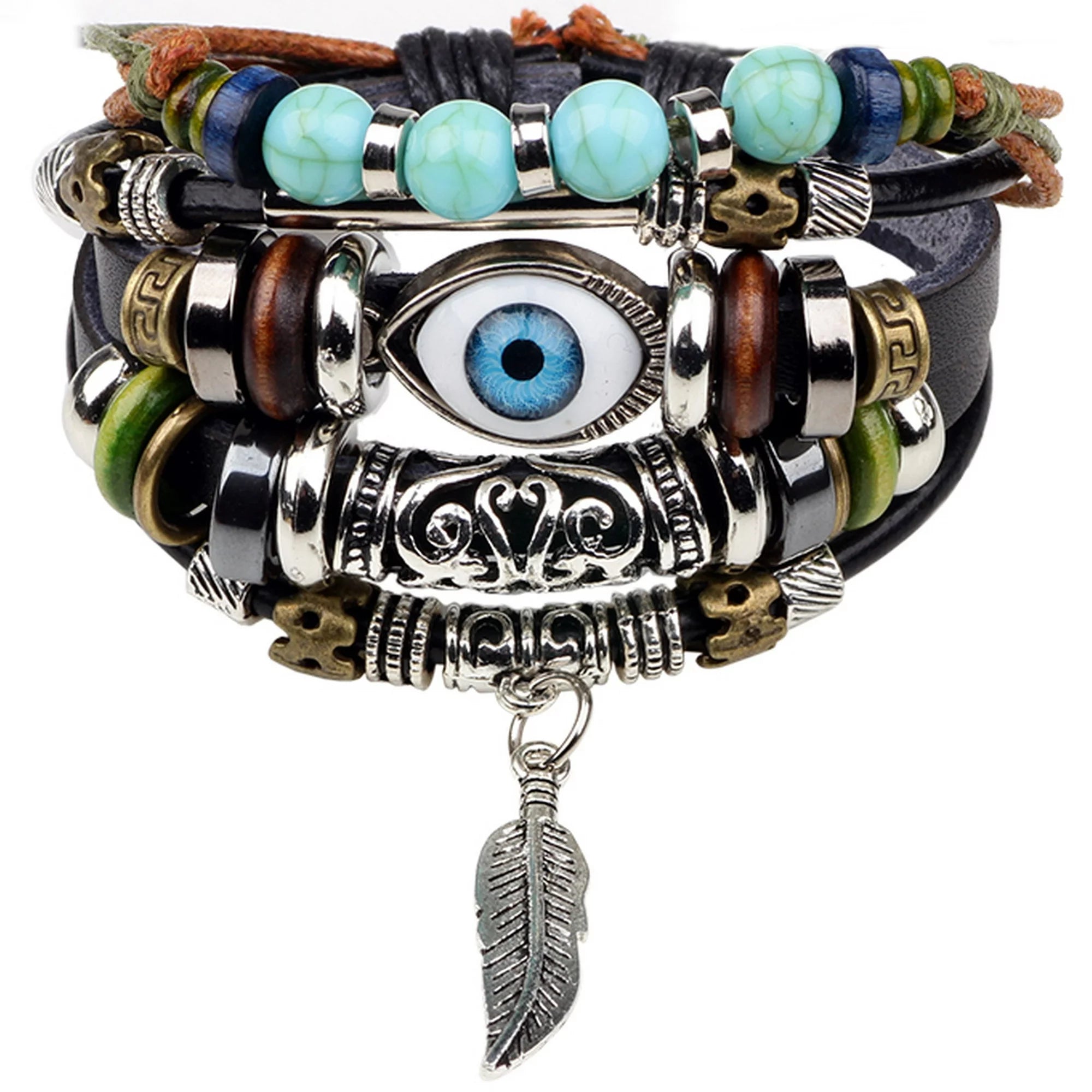 Wide stone bracelets-Tribal Evil Eye Protection Synthetic Turquois and Feather Unisex Leather Wristband Bracelet Men or Women